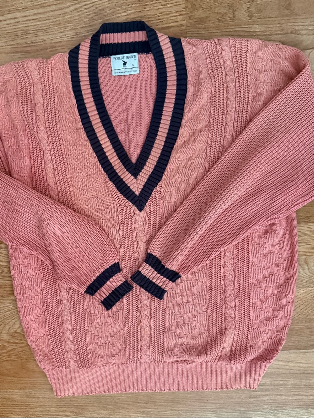 Robert Bruce Salmon Pink Cable‑Knit V‑Neck Sweater with Navy Trim Tennis Sweater